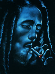 Bob Marley Smoking in Blue,  Original Oil Painting on Black Velvet by Enrique Felix , "Felix" - #F181