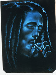 Bob Marley Smoking in Blue,  Original Oil Painting on Black Velvet by Enrique Felix , "Felix" - #F181