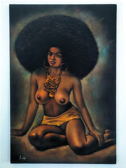 Afro Black Sexy Nude 70's large vintage Original Oil Paint Velvet Felix F229h