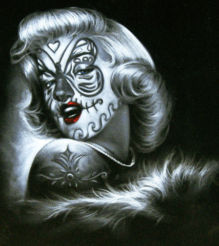 Marilyn Monroe, Sugar Skull Girl, Calavera, Día de muertos, Day of the Dead, Original Oil Painting on Black Velvet by Enrique Felix , "Felix" - #F41