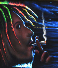 Bob Marley Smoking,  Original Oil Painting on Black Velvet by Enrique Felix , "Felix" - #F92