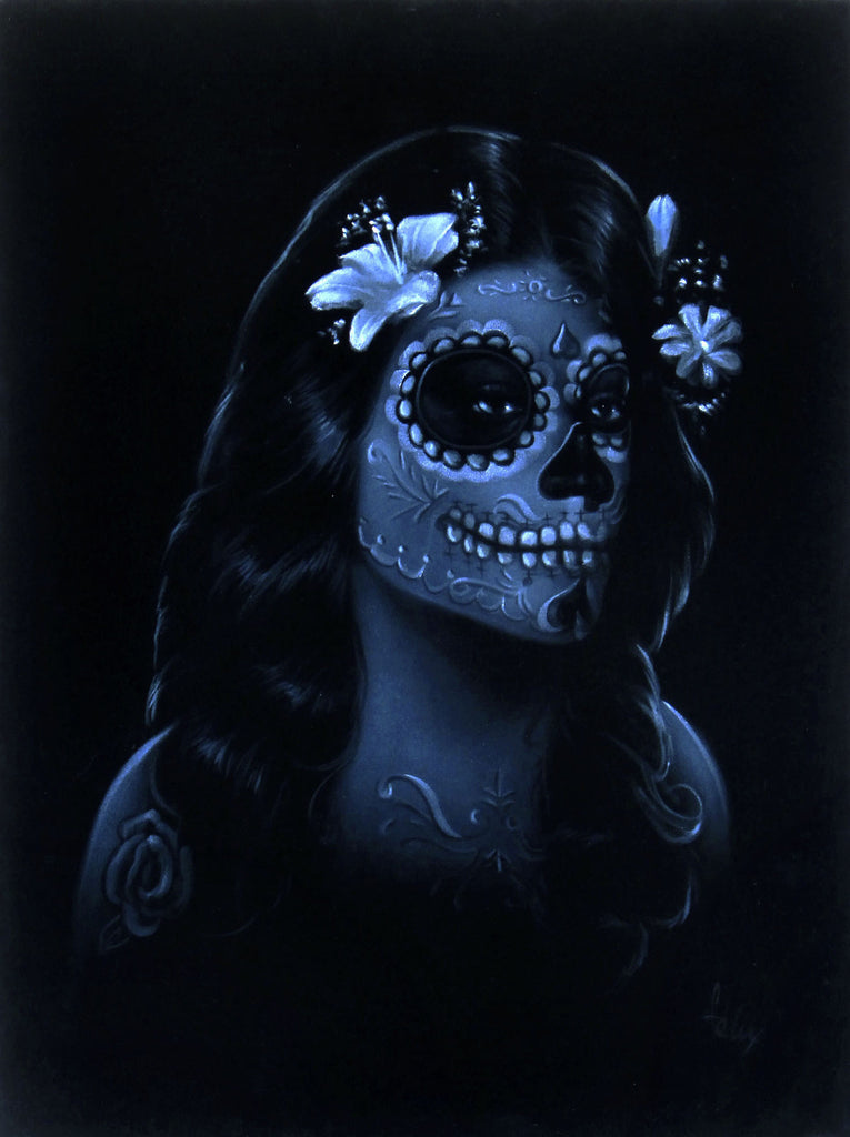Sugar Skull Face paint girl, Day of the Dead (Día de los Muertos), Original Oil Painting on Black Velvet by Enrique Felix , "Felix" - #F99