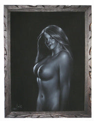Nude, Sexy Playboy Nude in Grey-Scale,  Original Oil Painting on Black Velvet by Enrique Felix , "Felix" - #F27