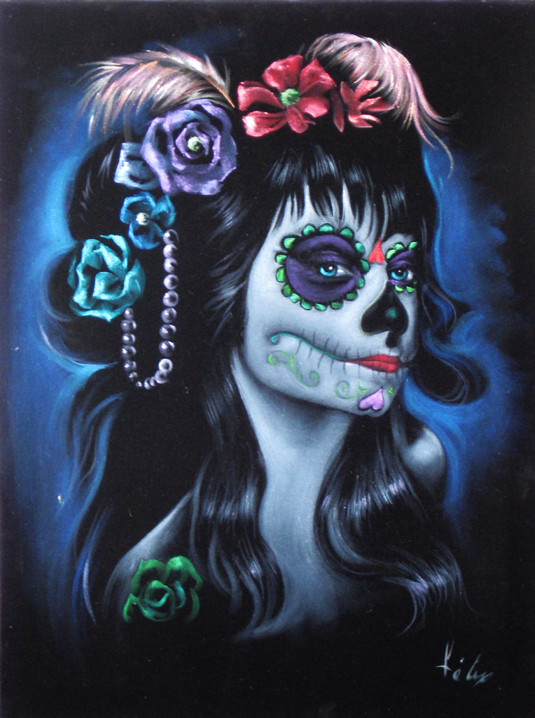 Sugar Skull Girl, Calavera, Día de muertos, Day of the Dead, Original Oil Painting on Black Velvet by Enrique Felix , "Felix" - #F5