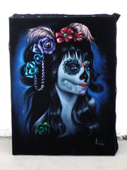 Sugar Skull Girl, Calavera, Día de muertos, Day of the Dead, Original Oil Painting on Black Velvet by Enrique Felix , "Felix" - #F5