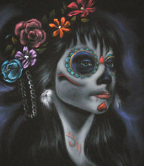 Sugar Skull Girl, Calavera, Día de muertos, Day of the Dead, Original Oil Painting on Black Velvet by Enrique Felix , "Felix" - #F29
