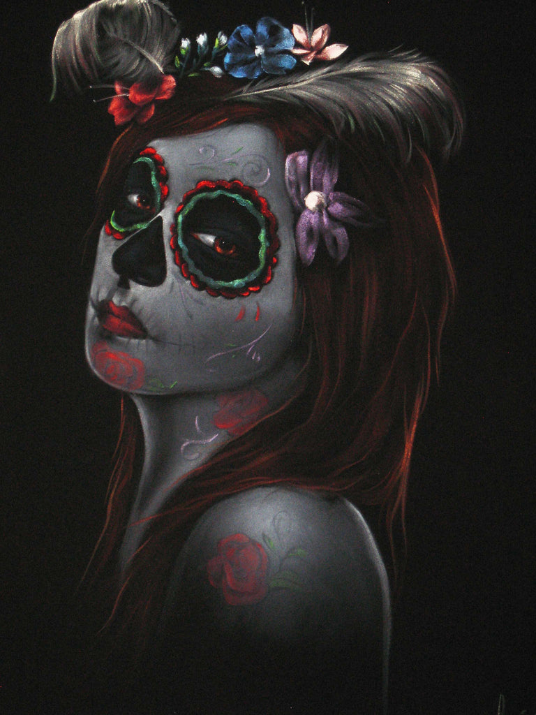 Sugar Skull Girl, Calavera, Día de muertos, Day of the Dead, Original Oil Painting on Black Velvet by Enrique Felix , "Felix" - #F31