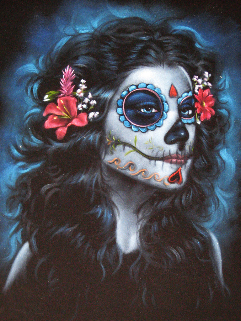 Sugar Skull Girl, Calavera, Día de muertos, Day of the Dead, Original Oil Painting on Black Velvet by Enrique Felix , "Felix" - #F38