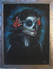 Sugar Skull Girl, Calavera, Día de muertos, Day of the Dead, Original Oil Painting on Black Velvet by Enrique Felix , "Felix" - #F38