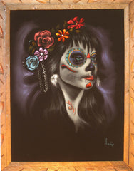 Sugar Skull Girl, Calavera, Día de muertos, Day of the Dead, Original Oil Painting on Black Velvet by Enrique Felix , "Felix" - #F29