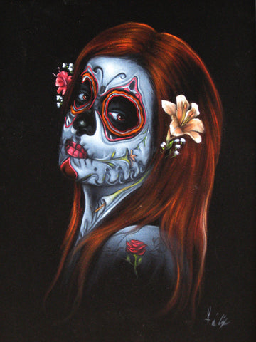 Sugar Skull Girl, Calavera, Día de muertos, Day of the Dead, Original Oil Painting on Black Velvet by Enrique Felix , "Felix" - #F39