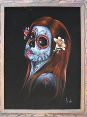Sugar Skull Girl, Calavera, Día de muertos, Day of the Dead, Original Oil Painting on Black Velvet by Enrique Felix , "Felix" - #F39