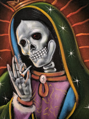 Virgin of Guadalupe  Calavera Skull smoking weed, Mexican Religious art Original Oil Painting Black Velvet SA178