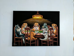 Dogs Playing Poker Smoking Art Coolidge Black Velvet Oil Painting by Jorge Terrones - #J433