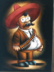 Mexican Homer Simpson Zapata Sombrero Oil Painting on Black Velvet  by: Palomares   # pm56