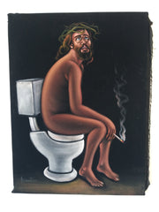 Jesus Christ on toilet bano Baño bathroom can portrait: Original oil painting on black velvet by Santos Llamas size (24"x18") #sa230