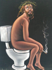 Jesus Christ on toilet bano Baño bathroom can portrait: Original oil painting on black velvet by Santos Llamas size (24"x18") #sa230
