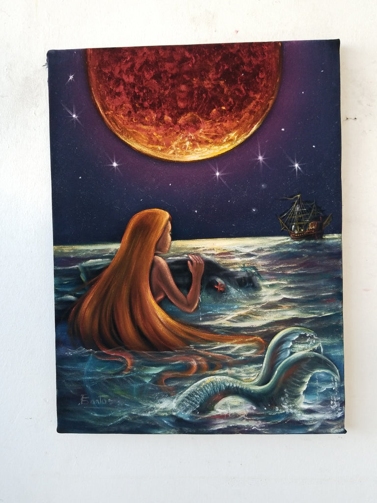 Copy of Little Mermaid, Ariel; Original Oil painting on Black Velvet by Santos Llamas- #SA233