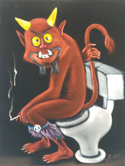 Devil Satan from South Park Satan on toilet bano bathroom : Original oil painting on black velvet by Santos Llamas size (24"x18") #sa234