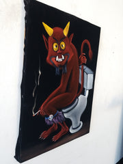 Devil Satan from South Park Satan on toilet bano bathroom : Original oil painting on black velvet by Santos Llamas size (24"x18") #sa234