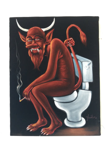 Devil Satan on toilet bano Baño bathroom shitter can portrait: Original oil painting on black velvet by Santos Llamas size (24"x18") #sa229