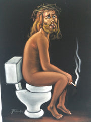 Jesus Christ on toilet bano Baño bathroom can portrait: Original oil painting on black velvet by Santos Llamas size (24"x18") #sa232