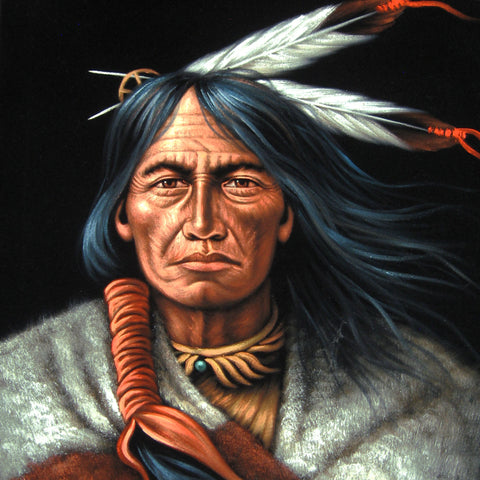 American Indian Portrait; Feathers; Original Oil Painting on Black Velvet ;   by Jorge Terrones -(size 18"x24")-p2 J014