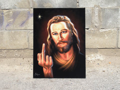 Jesus Christ  middle finger; "Bird of Christ"  ; Original Oil painting on Black Velvet by Jorge Terrones - #j245