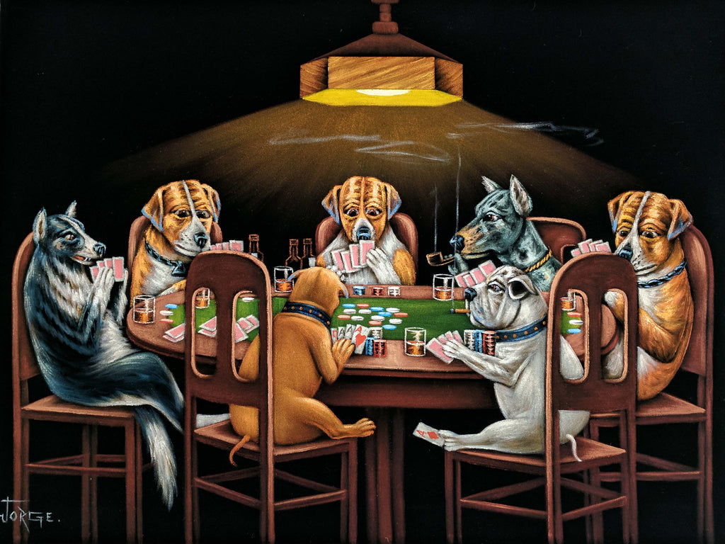 Dogs Playing Poker Smoking Art Coolidge Black Velvet Oil Painting by Jorge Terrones - #J433