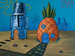 Bikini Bottom SpongeBob SquarePants Sponge Bob Tiki Hut, Totem, Oil Painting Art Black Velvet ; Original Oil painting on Black Velvet by Jorge Terrones - #velvet-j436