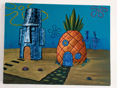 Bikini Bottom SpongeBob SquarePants Sponge Bob Tiki Hut, Totem, Oil Painting Art Black Velvet ; Original Oil painting on Black Velvet by Jorge Terrones - #velvet-j436