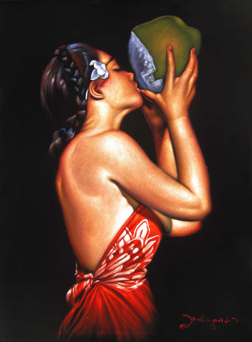 Polynesian Girl with Coconut ; "Nectar" reproduction of an Edgar Leeteg Oil; on Black Velvet by Zenon Matias Jimenez- #JM119