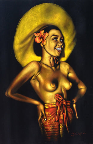 Nude Hina Rapa ; Polynesian topless nude; reproduction of an Edgar Leeteg Hawaiian Oil; on Black Velvet by Zenon Matias Jimenez- JM122