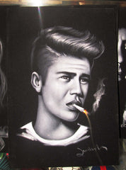 Justin Bieber portrait; smoking; Original Oil painting on Black Velvet by Zenon Matias Jimenez- #JM127