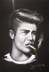 Justin Bieber portrait; smoking; Original Oil painting on Black Velvet by Zenon Matias Jimenez- #JM127