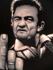 Johnny Cash portrait; Middle Finger ; Original Oil painting on Black Velvet by Zenon Matias Jimenez- #JM140