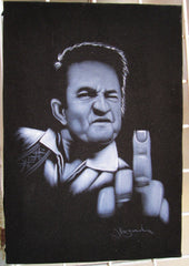Johnny Cash portrait; Middle Finger ; Original Oil painting on Black Velvet by Zenon Matias Jimenez- #JM22