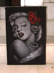 Marilyn Monroe portrait; Red Rose; Original Oil painting on Black Velvet by Zenon Matias Jimenez- #JM36