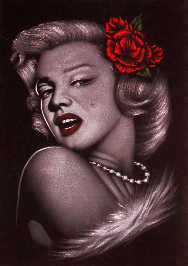 Marilyn Monroe portrait; Red Rose; Original Oil painting on Black Velvet by Zenon Matias Jimenez- #JM36