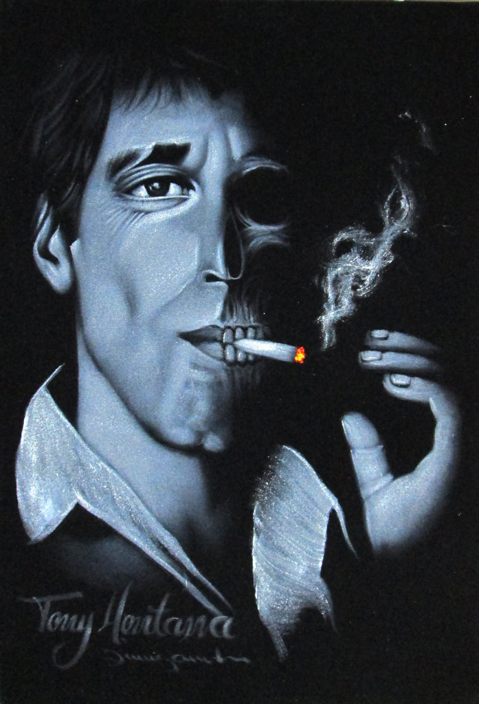Tony Montana Calavera portrait; Al Pacino; Scarface; Skull Face; Original Oil painting on Black Velvet by Zenon Matias Jimenez- #JM38