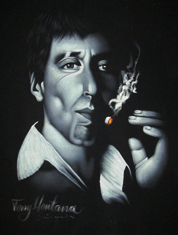 Tony Montana portrait; Al Pacino; Scarface; Original Oil painting on Black Velvet by Zenon Matias Jimenez- #JM41