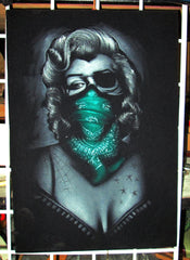 Marilyn Monroe; Calavera day of the dead portrait; Teal Scarf bandanna; Eye patch; Original Oil painting on Black Velvet by Zenon Matias Jimenez- #JM44
