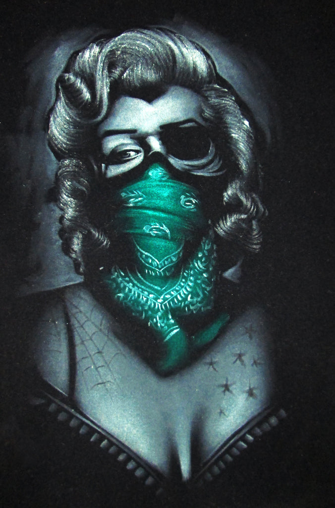 Marilyn Monroe; Calavera day of the dead portrait; Teal Scarf bandanna; Eye patch; Original Oil painting on Black Velvet by Zenon Matias Jimenez- #JM44