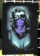 Marilyn Monroe; Calavera day of the dead portrait; Purple Scarf bandanna; Eye patch; Original Oil painting on Black Velvet by Zenon Matias Jimenez- #JM47