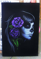 Skull Girl portrait;  Purple rose; Day of the Dead ; Calavera; Original Oil painting on Black Velvet by Zenon Matias Jimenez- #JM51