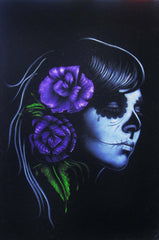 Skull Girl portrait;  Purple rose; Day of the Dead ; Calavera; Original Oil painting on Black Velvet by Zenon Matias Jimenez- #JM51