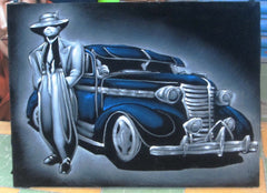 Lowrider Car; Zoot suit;  Original Oil painting on Black Velvet by Zenon Matias Jimenez- #JM53