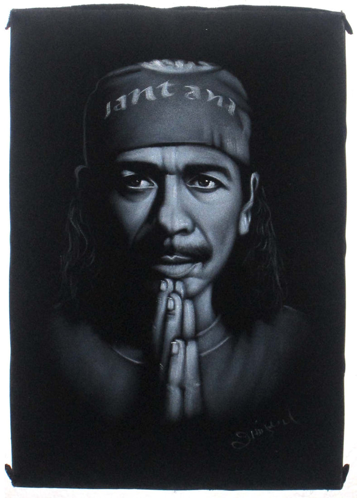 Carlos Santana portrait;  Original Oil painting on Black Velvet by Zenon Matias Jimenez- #JM54
