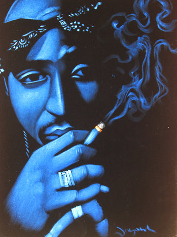 Tupac Shakur portrait; 2Pac  ; Smoke cross;  Original Oil painting on Black Velvet by Zenon Matias Jimenez- #JM72