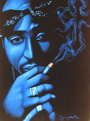 Tupac Shakur portrait; 2Pac  ; Smoke cross;  Original Oil painting on Black Velvet by Zenon Matias Jimenez- #JM72